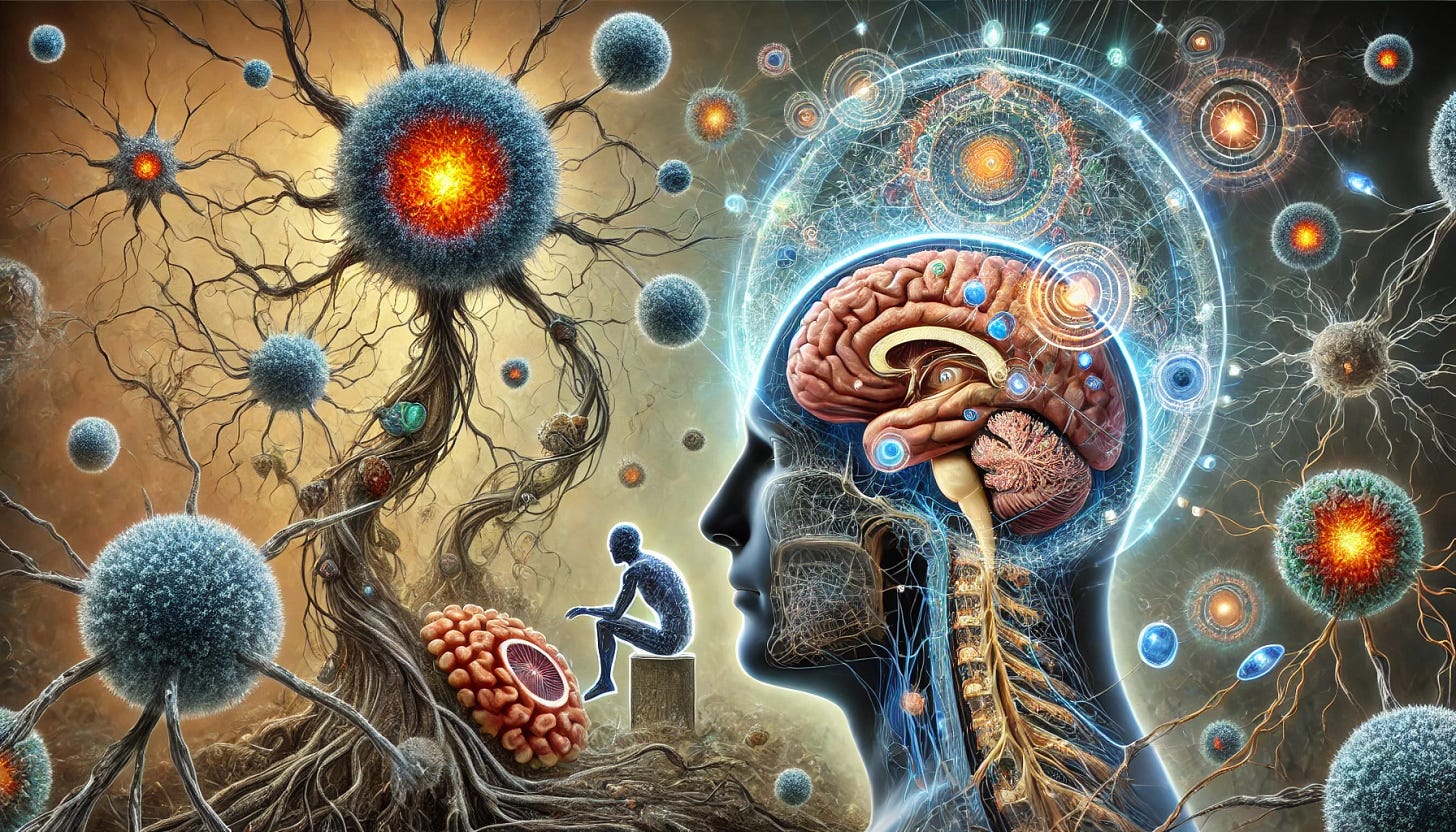A surreal, immunological representation of the mind's immune system, emphasizing the clear inclusion of talk therapy alongside religious practices like confession. At the center is a detailed, glowing human brain, with its neural networks depicted as complex immune cells—macrophages, lymphocytes, and antibodies. On one side, a swirling mass of dark, inflamed tendrils represents the immune response to personal failings, connecting to a calming, blue aura symbolizing the healing effects of confession. The other side prominently features an intricate, web-like structure of neurons representing talk therapy, with larger orbs of light acting as antibodies repairing the damaged neural network. These orbs connect to a visible, comforting image of a person engaged in a therapy session, symbolizing the healing power of talk therapy. Above the brain, a large tree with roots resembling dendritic cells and branches like antibodies represents the religious framework, deeply intertwined with the neural networks. To the side, a futuristic cityscape with structures resembling immune organs—like thymus and lymph nodes—symbolizes the secular mental healthcare system, bathed in cooler, clinical light. The entire scene is infused with a vibrant, yet scientifically accurate, depiction of the immune system at work within the mind.