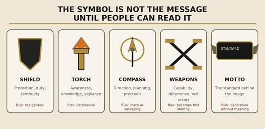 A visual guide comparing common readiness symbols including a shield, torch, compass, crossed weapons, and a motto, with notes about their intended and possible unintended readings.