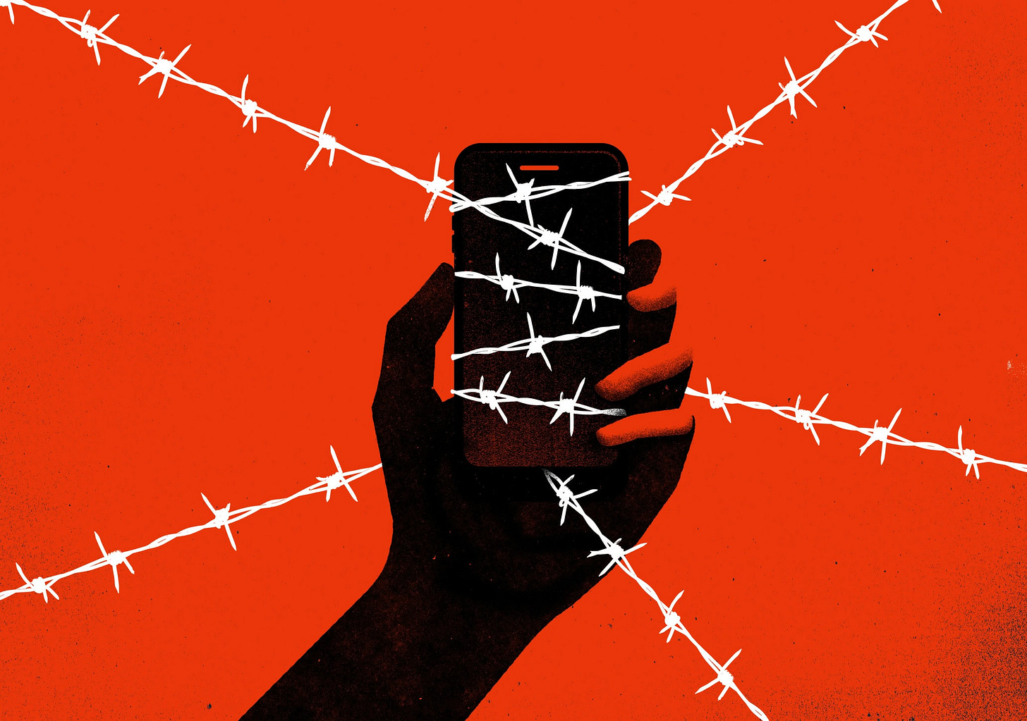 Illustration of a silhouette of a hand holding a smartphone, both entwined in barbed wire Illustration of a silhouette of a hand holding a smartphone, both entwined in barbed wire