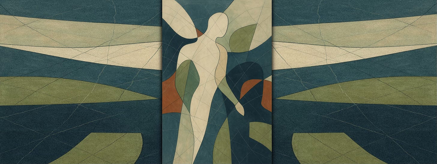 Illustration titled Femme Formes, showing an abstract female silhouette set against layered green, blue, and tan shapes. All artwork in this post is by N.L.