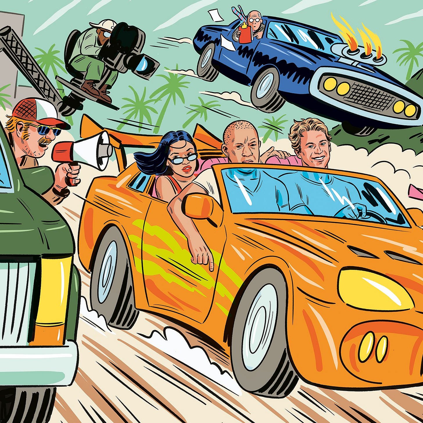 An illustration of cars and camera crews.