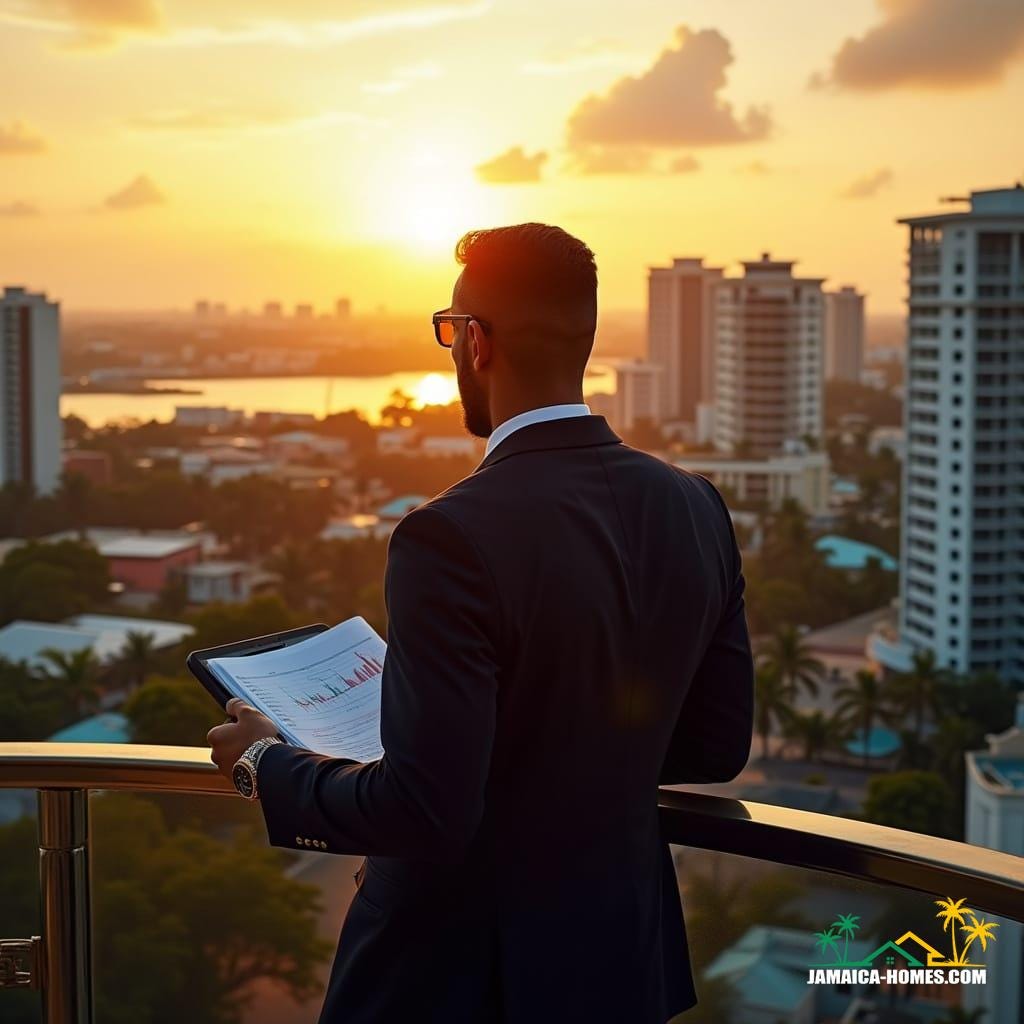 A confident entrepreneur in sharp business attire, including a designer watch, stands atop a luxurious high-rise balcony, grasping architectural blueprints or a tablet displaying investment data, and gazing out over the vibrant Jamaican skyline at sunset. Below, the city teems with rapid development, showcasing construction sites, luxury homes, and bustling streets. Warm, golden Caribbean light casts long shadows and emphasizes the scene's dynamic energy. Inspired by the narrative strengths of Gordon Parks and the bold realism of Steve McCurry, this cinematic composition blends the atmospheric storytelling of Josef Koudelka with the elegant refinement of a high-end editorial spread, captured with a V-Raptor XL aesthetic, enhanced by 35mm-style film grain, a sun-kissed vignette, and a rich, post-processed color palette of deep blues, fiery oranges, and golden hues, evoking action, success, and unbridled ambition.