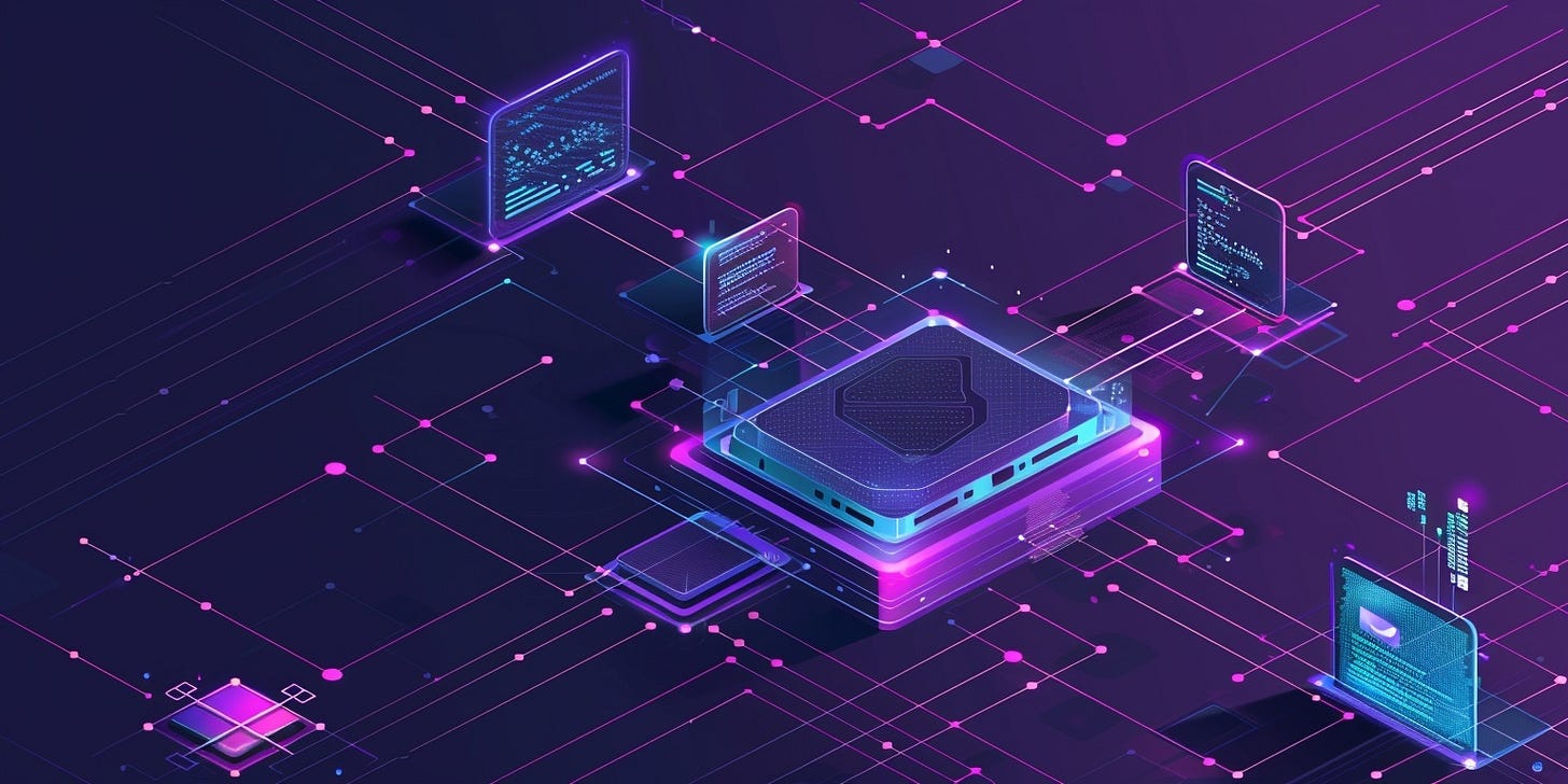 Futuristic digital illustration of a glowing processor-like core connected to multiple floating data panels, all linked by neon pink and blue circuit lines — symbolising system integration, clarity of information flow, and connected decision layers