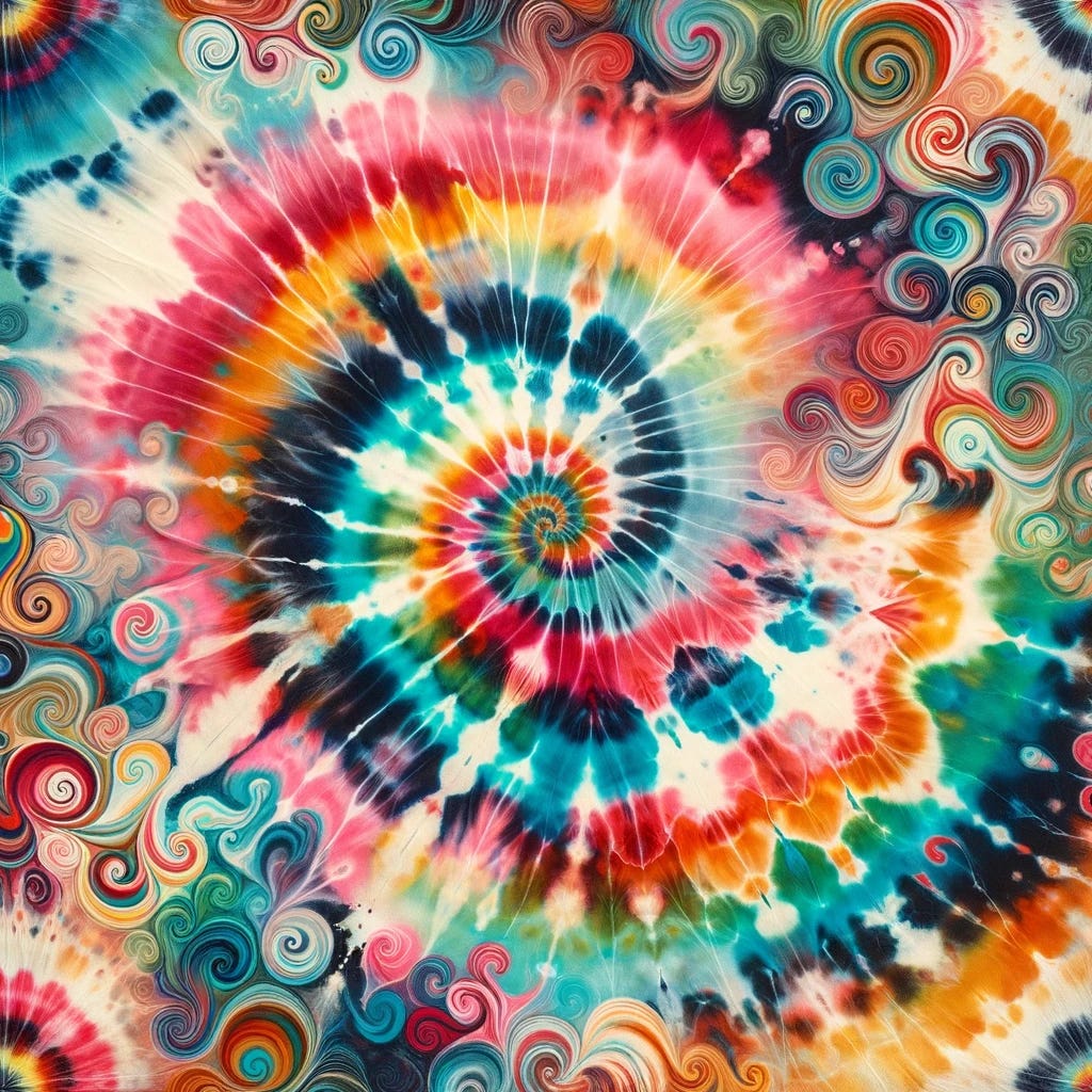 Abstract tie dye design in a square format, swirling with vibrant colors that blend and merge in unpredictable patterns, evoking the free-spirited vibes of the 60s.