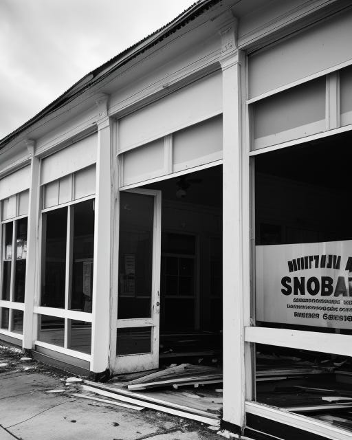 Black and white photo of an abandoned storefront after what appears to have been a sever storm or hurricane.