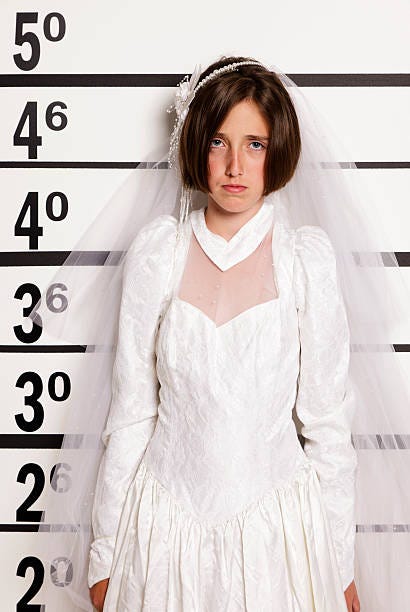 Mugshot of a Child Bride A mugshot/booking photo of a sad little girl wearing a wedding dress. childbride stock pictures, royalty-free photos & images
