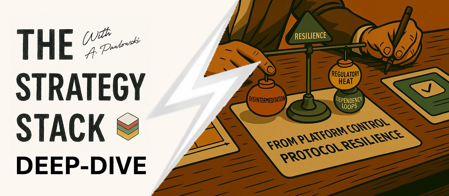 A stylized illustration of a businessperson at a desk balancing weights labeled Disintermediation, Regulatory Heat, and Dependency Loops on a scale marked Resilience, with the text “From Platform Control to Protocol Resilience” on the table — representing the balance between platform risk, regulation, and resilience in the digital economy.