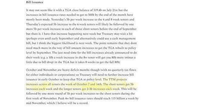 Line graph titled Bill Balances showing TGA balance starting at 978B on July 1st rising to projected peaks around 980B by end of month with annotations on insurance rates tenor increases from 56 percent over 4 months 8 weeks expected and September adjustments. Horizontal axis marks months from July to November vertical axis scales in billions from 700B to 1100B with multiple colored lines representing different bill balances and projections. Highlighted text notes on early September needs biggest increase already announced little work to 10 a week to 80B infra October November deficit above TM processes flow increases across toner of 2-3 inch short tenor get 5B first month Peak 4B racers 15B a week.