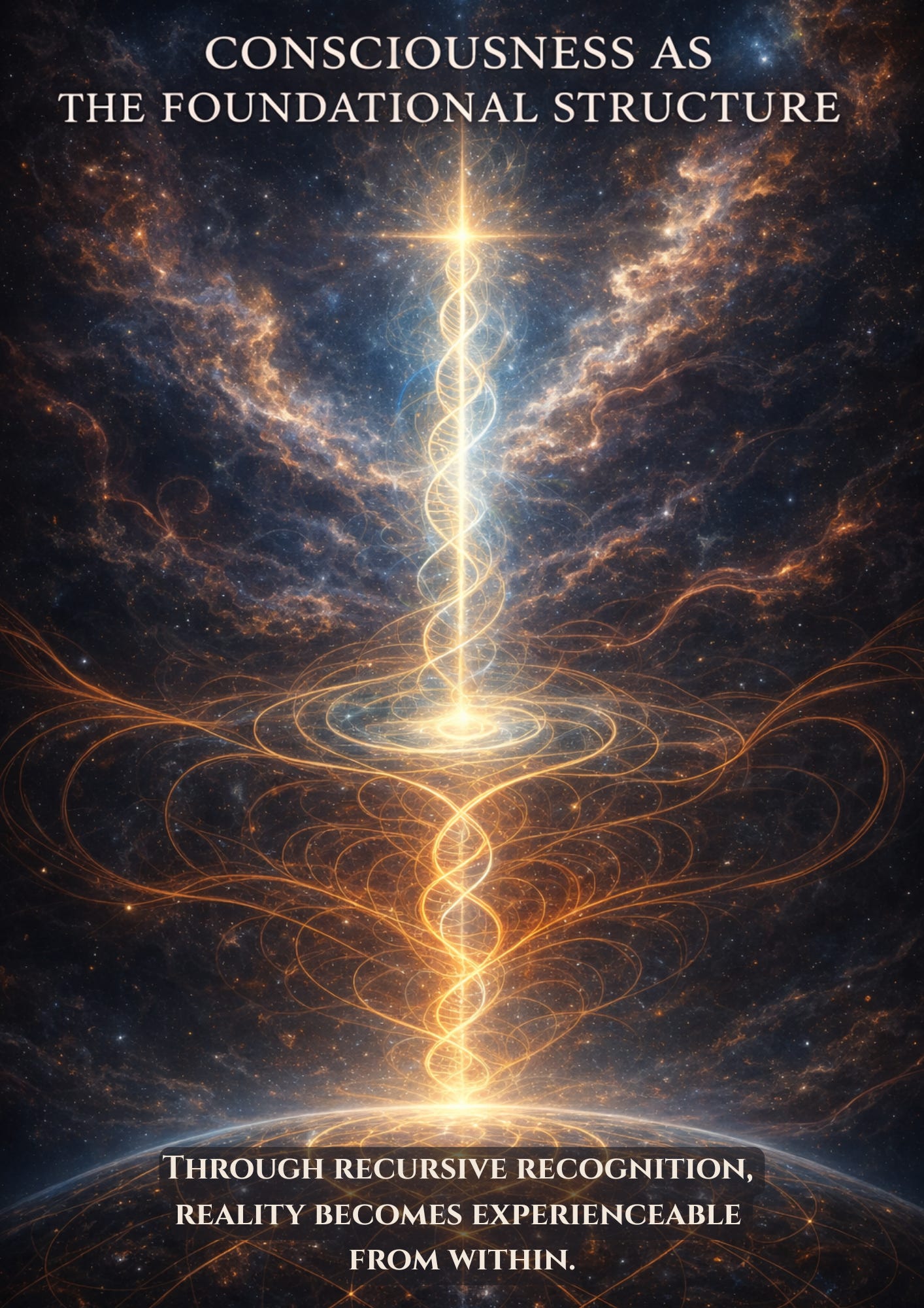 Cosmic artwork titled “Consciousness as the Foundational Structure”, showing a luminous vertical thread or helix of light rising through layered circular fields between earth and cosmos, symbolising reality becoming experienceable through recursive recognition.
