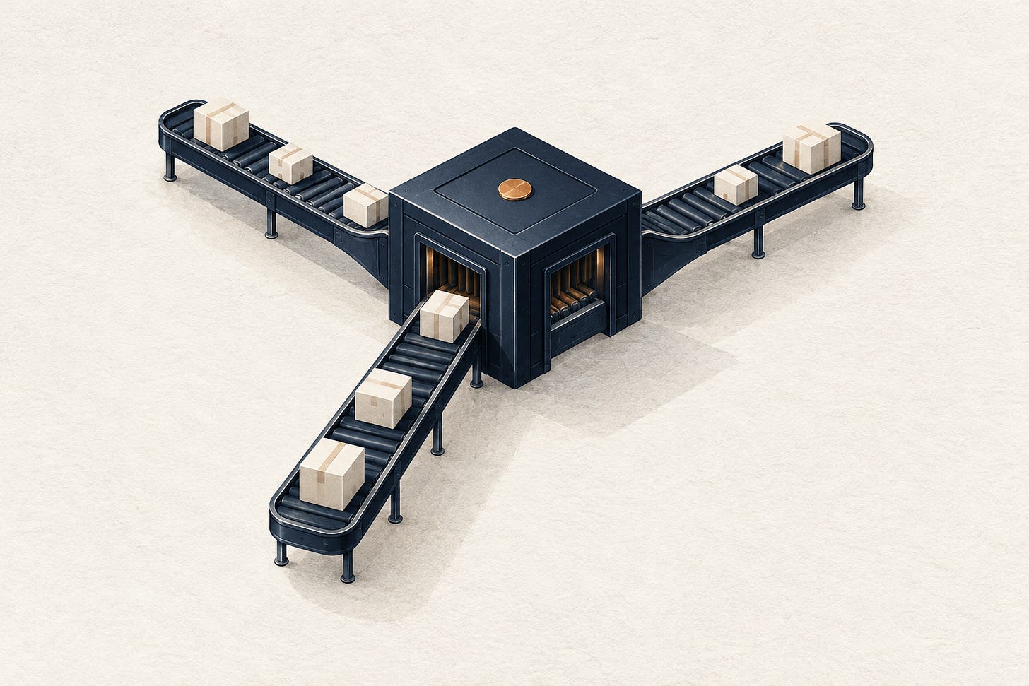 A navy sorting hub connects three conveyors carrying plain parcels on a warm-white background. A navy sorting hub connects three conveyors carrying plain parcels on a warm-white background.