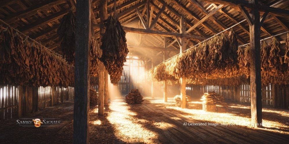 Tobacco leaves hanging in an eco-friendly curing barn powered by renewable energy. Tobacco leaves hanging in an eco-friendly curing barn powered by renewable energy.Tobacco leaves hanging in an eco-friendly curing barn powered by renewable energy.