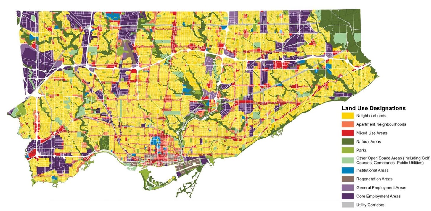 A map of Toronto coloured to show land use designations under the former Official Plan A map of Toronto coloured to show land use designations under the former Official Plan