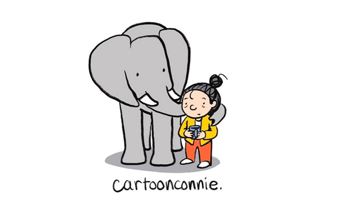 CartoonConnie Comics logo, featuring an illustration of a girl with a coffee mug standing next to an elephant, by Connie Sun CartoonConnie Comics logo, featuring an illustration of a girl with a coffee mug standing next to an elephant, by Connie Sun