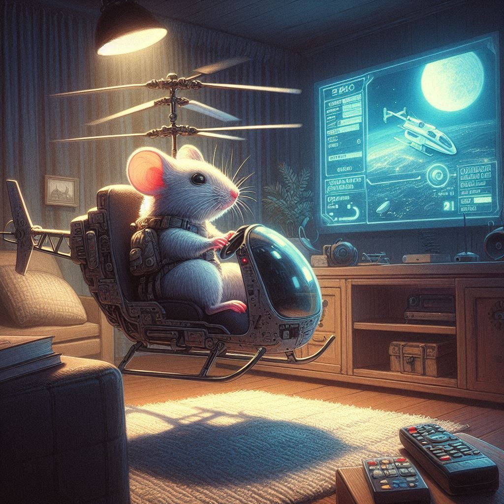 a mouse piloting a tiny helicopter in a small living room, sci-fi drawing
