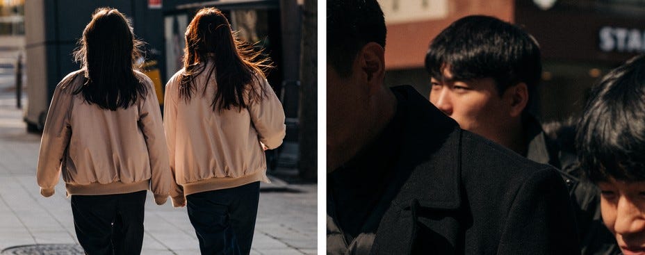 Korean women seen from the back in sunlight; Korean men seen close up with sun on their face. Korean women seen from the back in sunlight; Korean men seen close up with sun on their face.