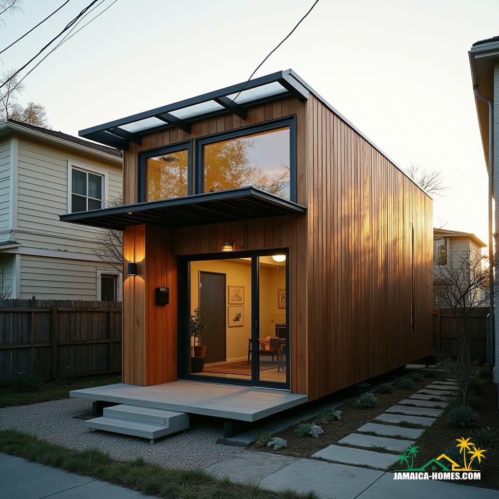 Urban Steel-Clad Mini Home Design: Single-level steel-frame module with concrete floor