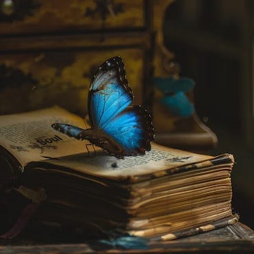 A blue butterfly on a book

AI-generated content may be incorrect.