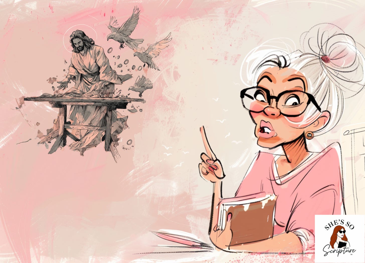 Whimsical fashion illustration of an older woman with big teased hair and reading glasses teaching Sunday school with a flannel board behind her against a soft blush pink watercolor background and a smaller image of Jesus flipping the money changer's table Whimsical fashion illustration of an older woman with big teased hair and reading glasses teaching Sunday school with a flannel board behind her against a soft blush pink watercolor background and a smaller image of Jesus flipping the money changer's table