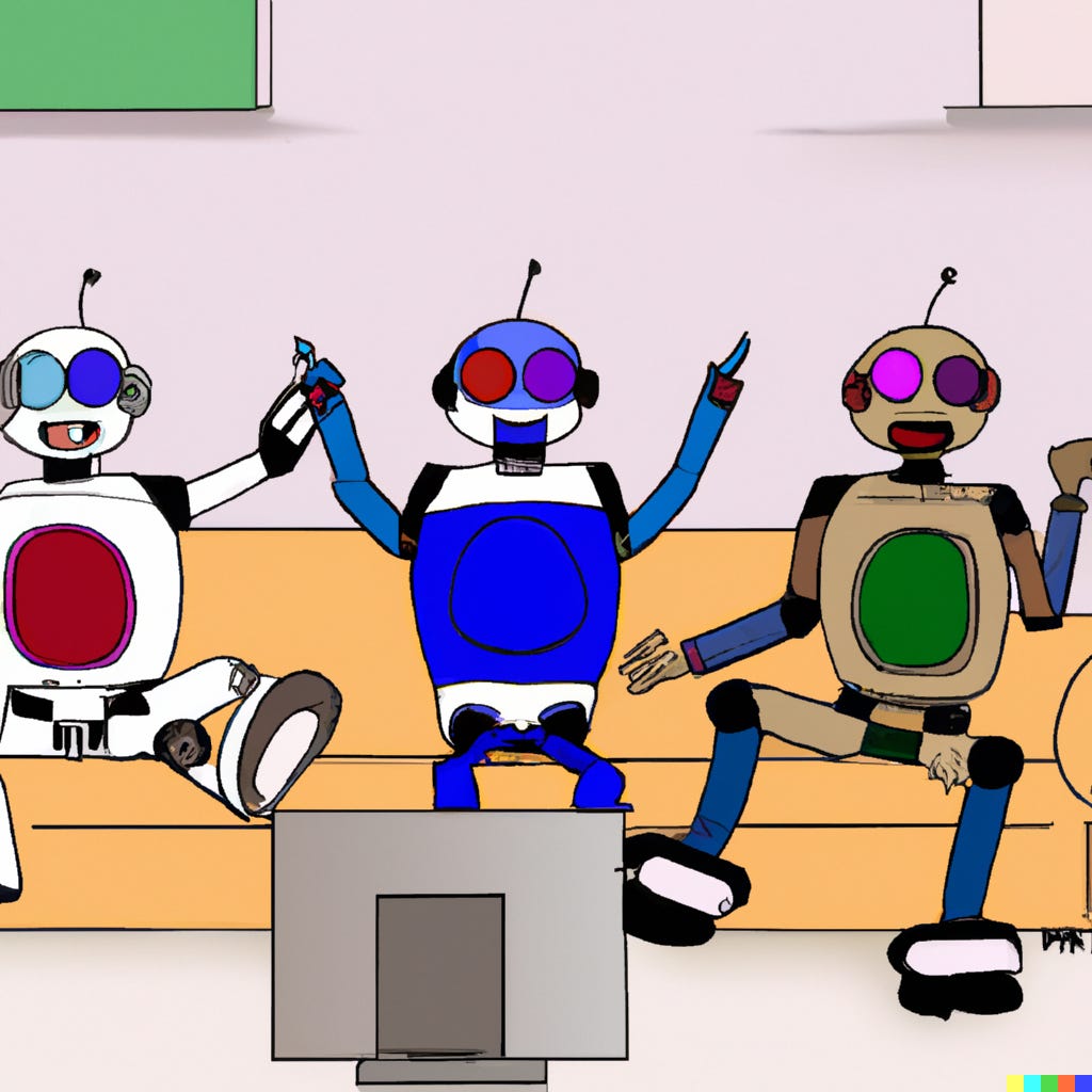 3 robots watching tv