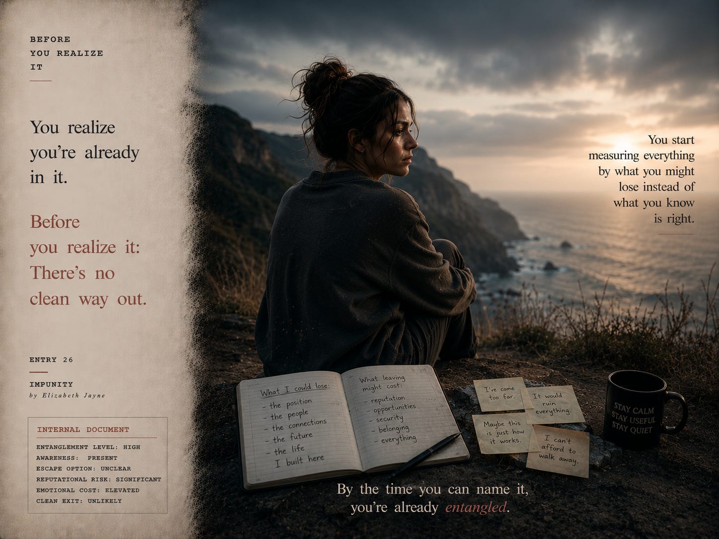 A cinematic editorial-style image showing a young woman sitting alone on a coastal cliff at dusk surrounded by handwritten notes about fear, reputation, and loss, illustrating grooming, institutional entanglement, and the feeling that there is no clean way out.