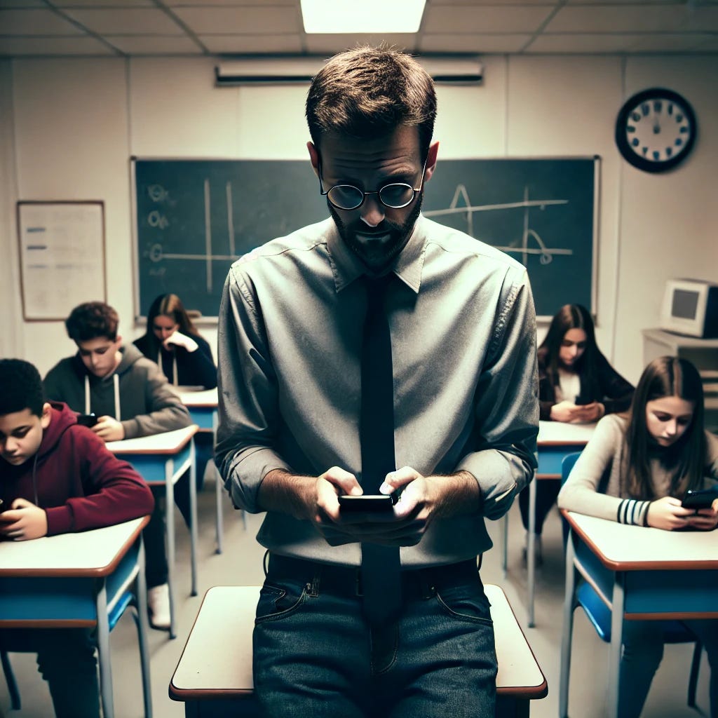 A disillusioned teacher standing in front of a classroom, looking frustrated or disengaged, while students sit at their desks completely absorbed in their smartphones. The classroom is dimly lit, with a slight sense of detachment between the teacher and students. The teacher's posture suggests exhaustion or resignation, emphasizing the lack of control and purpose in the scene.