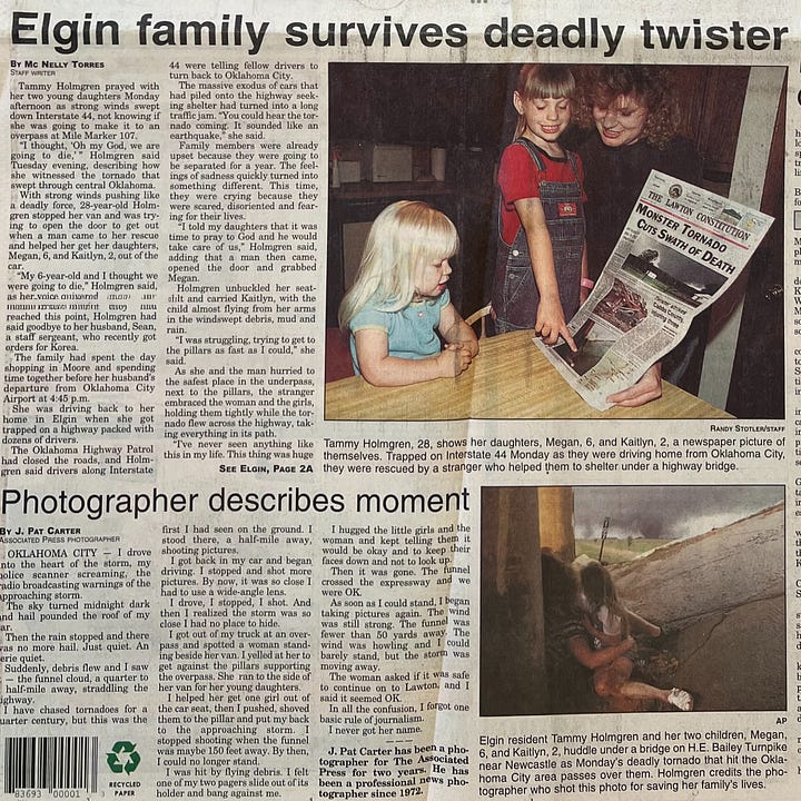 Two stories as published by The Lawton Constitution’s front page and the jump inside about the Elgin woman and daughters. J. Pat Carter, a photographer with the AP, helped them seek shelter as the tornado was approaching fast. Mc Nelly Torres, a reporter with The Lawton Constitution identified the woman hours after Carter’s personal story appeared on the AP wire. (Mc Nelly Torres | Don’t Forget My Voice)