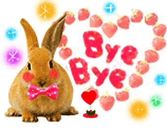 a bunny wearing a bow tie is surrounded by strawberries and the word bye a bunny wearing a bow tie is surrounded by strawberries and the word bye