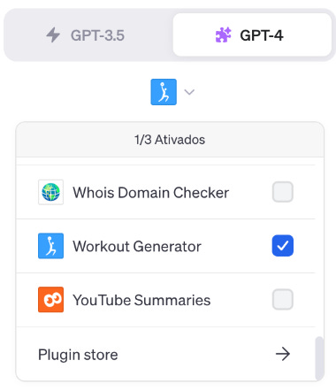 Figura 16 seleção plugin workout generator chatgpt-4 openai inteligencia artificial