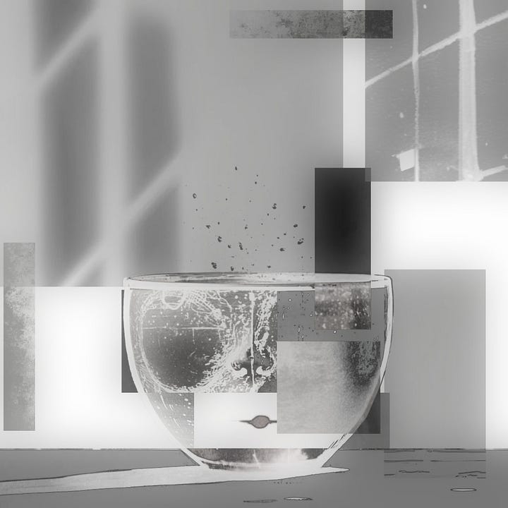 Digital collage pieces all based off an original collage representing a tea cup without a handle.