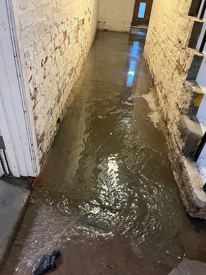 One image of the outside of the Metropole Hotel, and one image of a corridor flooded with sewage water