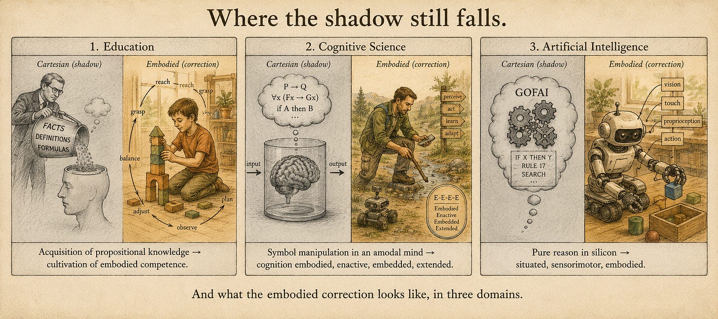 Three side-by-side panels, each showing one domain where the Cartesian inheritance is still operative beside a small embodied correction. Each panel is internally split: Cartesian version on the left (cool gray, faded), embodied version on the right (warm, in color). Panel 1 ("Education"): a teacher pouring text labels — "facts," "definitions," "formulas" — into a disembodied head with no body attached, beside a child building a block tower in active engagement. Panel 2 ("Cognitive Science"): a brain floating in a vat with abstract input/output arrows but no body or environment, beside a human figure embedded in an environment with tools and a faint "E-E-E-E" badge. Panel 3 ("Artificial Intelligence"): a disembodied algorithm in a thought cloud labeled "GOFAI," beside a small robot with body and sensors actively grasping an object in a real environment.