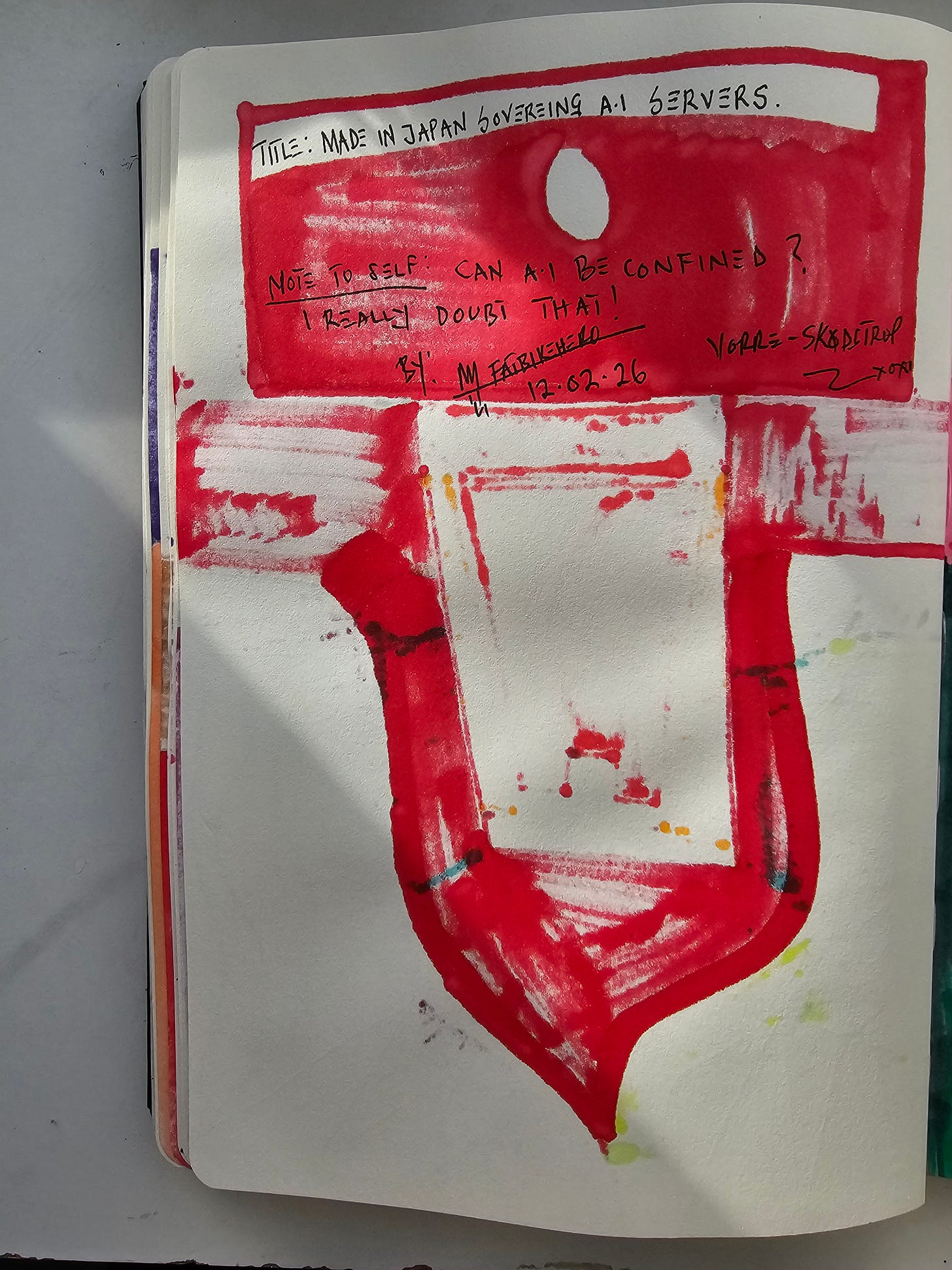 Verso of a human-made ink and marker artwork showing handwritten title and note reading “Made in Japan Hovering A.I Servers” and “Can A.I be confined? I really doubt that,” with signature, date, and red structural form on sketchbook paper.