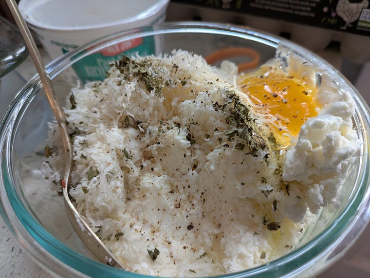 Ricotta layer ingredients. Meat sauce for lasagna.