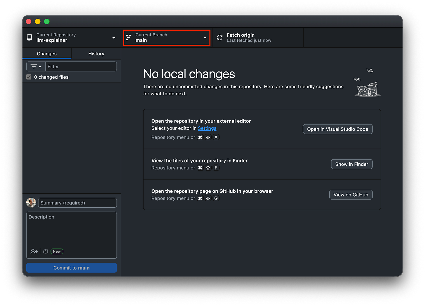 GitHub Desktop header highlighting the "Current Branch" dropdown showing "main".