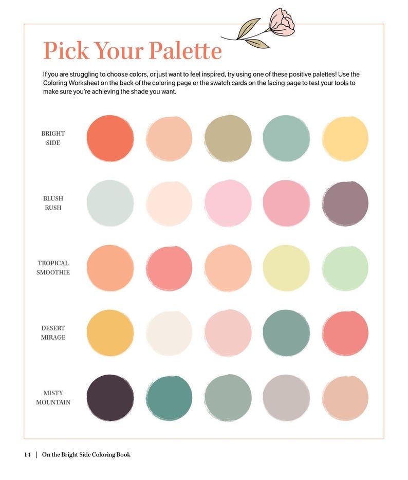 May include: A chart with five color palettes, each with five color swatches. The palettes are labeled "Bright Side", "Blush Rush", "Tropical Smoothie", "Desert Mirage", and "Misty Mountain".