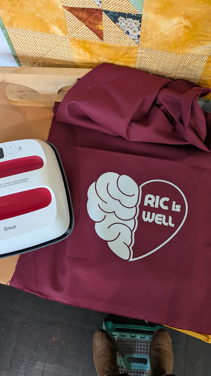 L: a birthday party to make a tote bag, R: using the heat press and Cricut to make a banner for a club. a