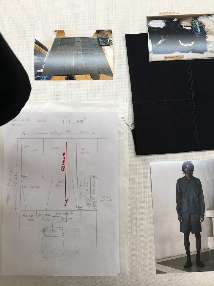 Photos that show the zero waste pattern cutting and innovative patchworking techniques used by the Phoebe English studio.