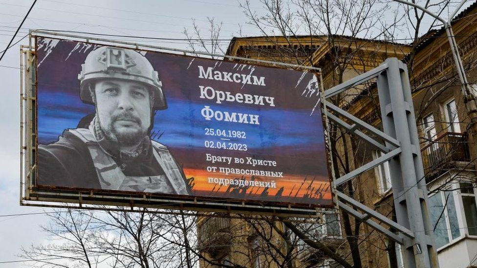A billboard in the occupied Ukrainian city of Donetsk, paying tribute to war correspondent Vladlen Tatarsky A billboard in the occupied Ukrainian city of Donetsk, paying tribute to war correspondent Vladlen Tatarsky