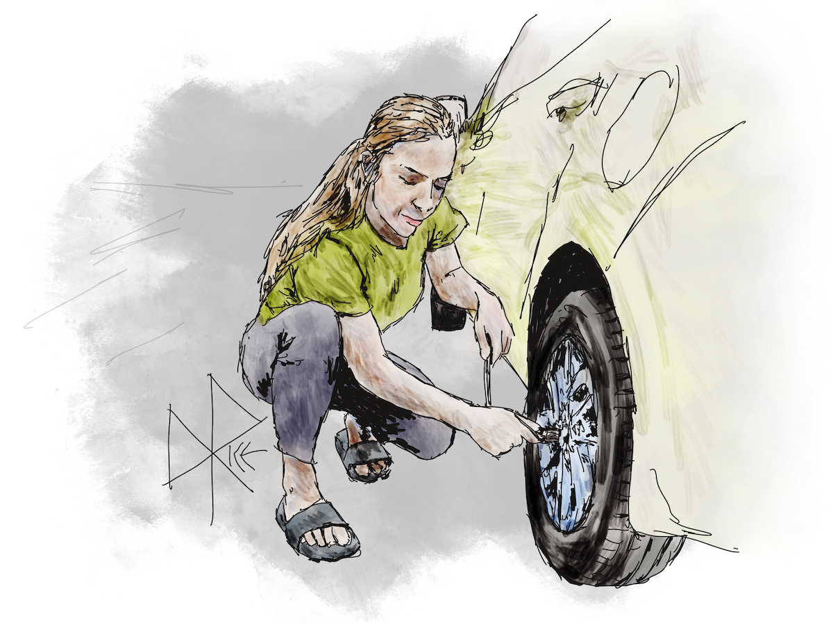 A woman squats beside a car, putting some torque on the wheel lug nuts with a socket wrench. Sketch art by Don Rice. A woman squats beside a car, putting some torque on the wheel lug nuts with a socket wrench. Sketch art by Don Rice.