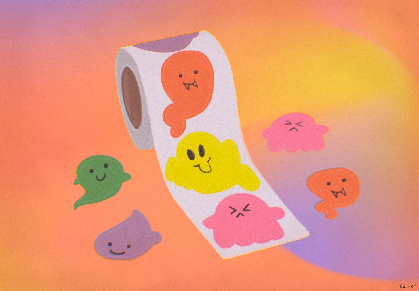 llustration of a roll of multicolored ghost stickers. Each ghost is making a different silly face.