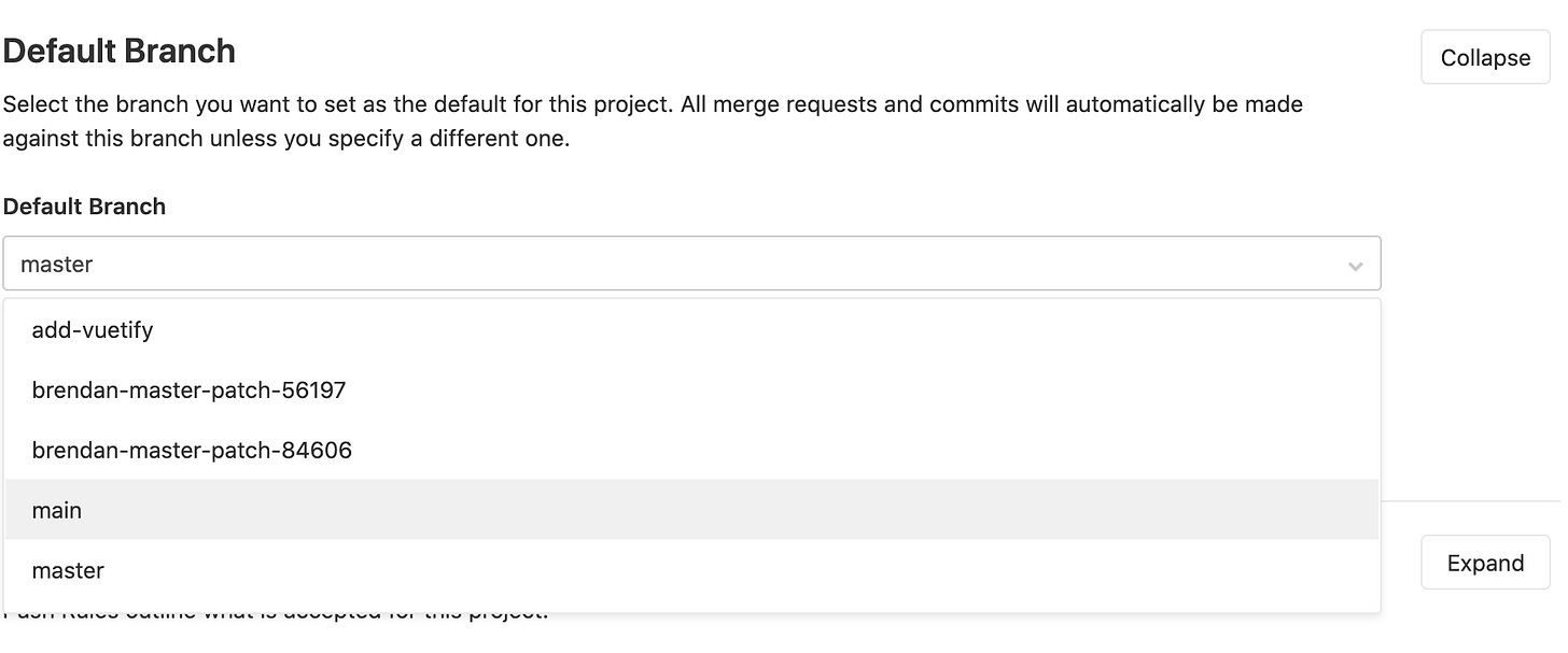 Select the default branch in GitLab