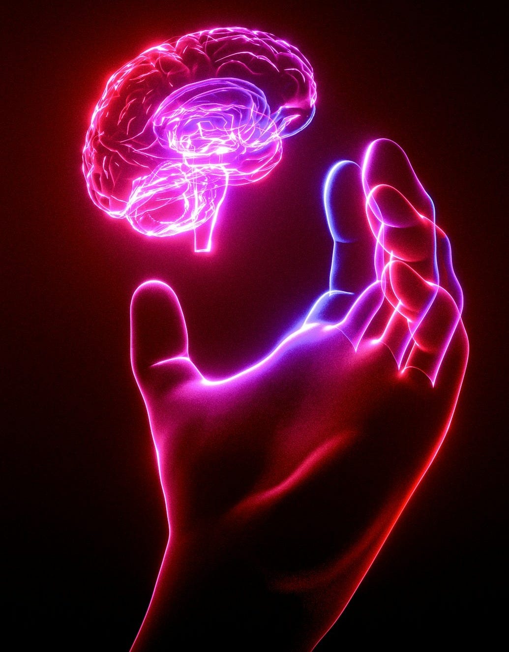 A person's hand holding a glowing brain model