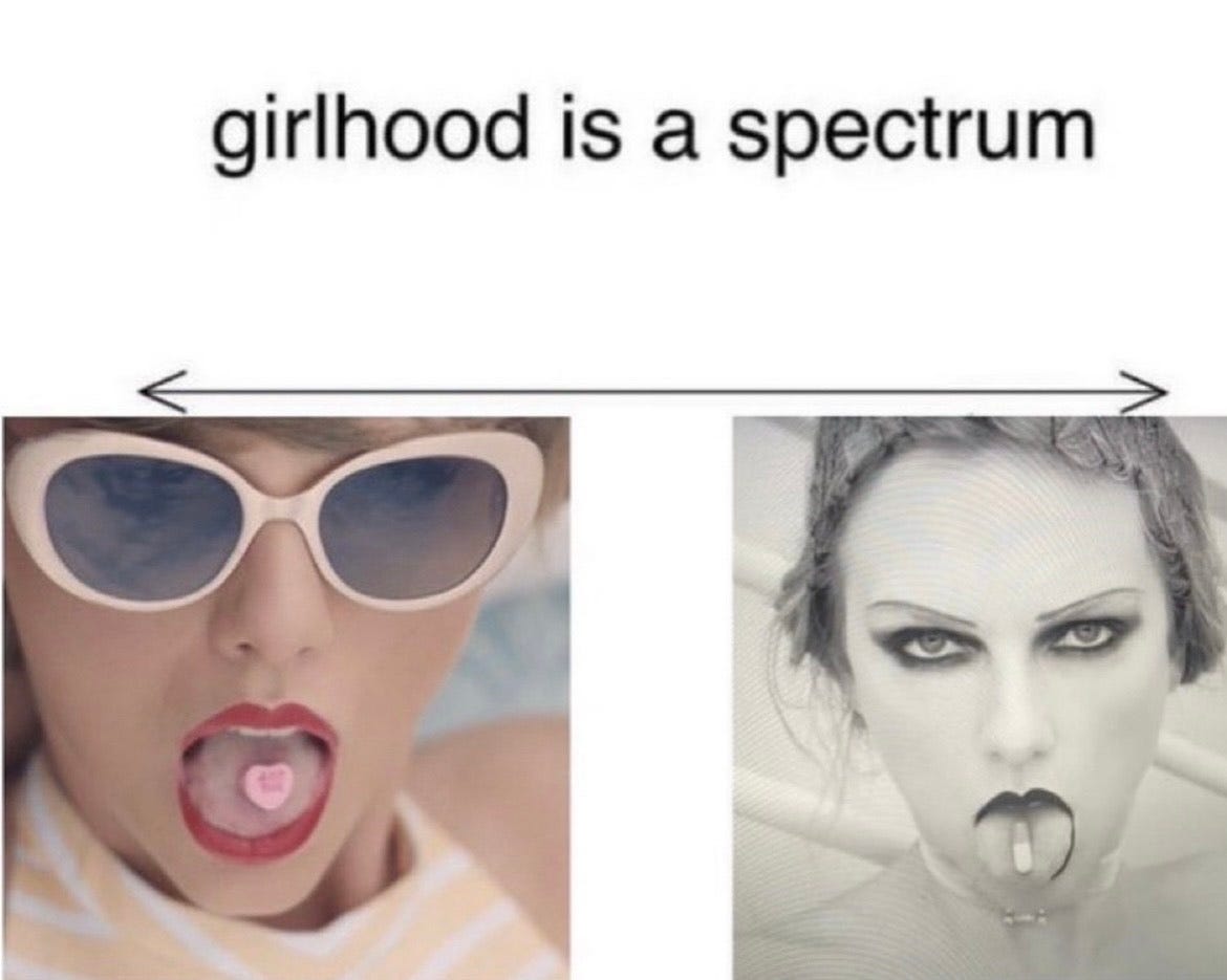 A meme reading "girlhood is a spectrum" with a photo of a young Taylor Swift swallowing a conversation heart candy on the left and an older Taylor Swift swallowing the giant "forget him" pill from the fortnight music video on the right