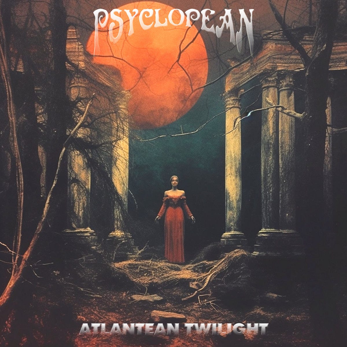 Album cover for the Atlantean Twilight album by Psyclopean. It depicts and illustration of a female presenting figure in a red dress standing among ruins and columns in front of a red/orange moon.