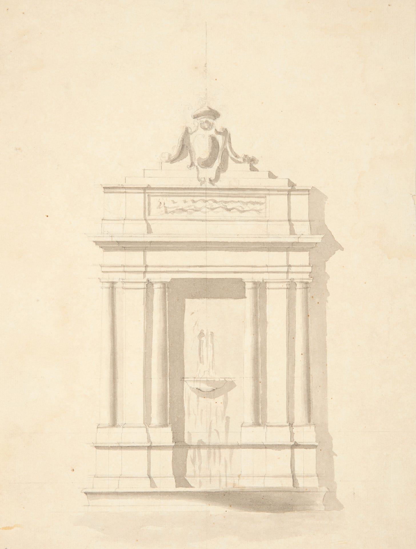 Design of a wall fountain drawn in graphite and gray wash on cream paper Design of a wall fountain drawn in graphite and gray wash on cream paper