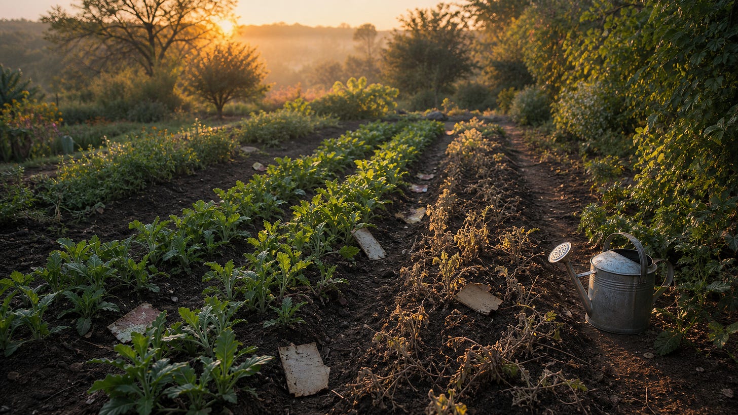 Who Signed for This body image: a dawn garden with watered green seedlings and dry rows, showing that what gets watered grows.