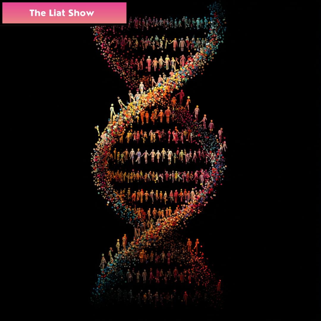 Liat Portal for The Liat Show: Strands of People / Vertical close up of a DNA strand formed from rows of small colorful human silhouettes on a black field, tall crop optimized for social and Substack cards.