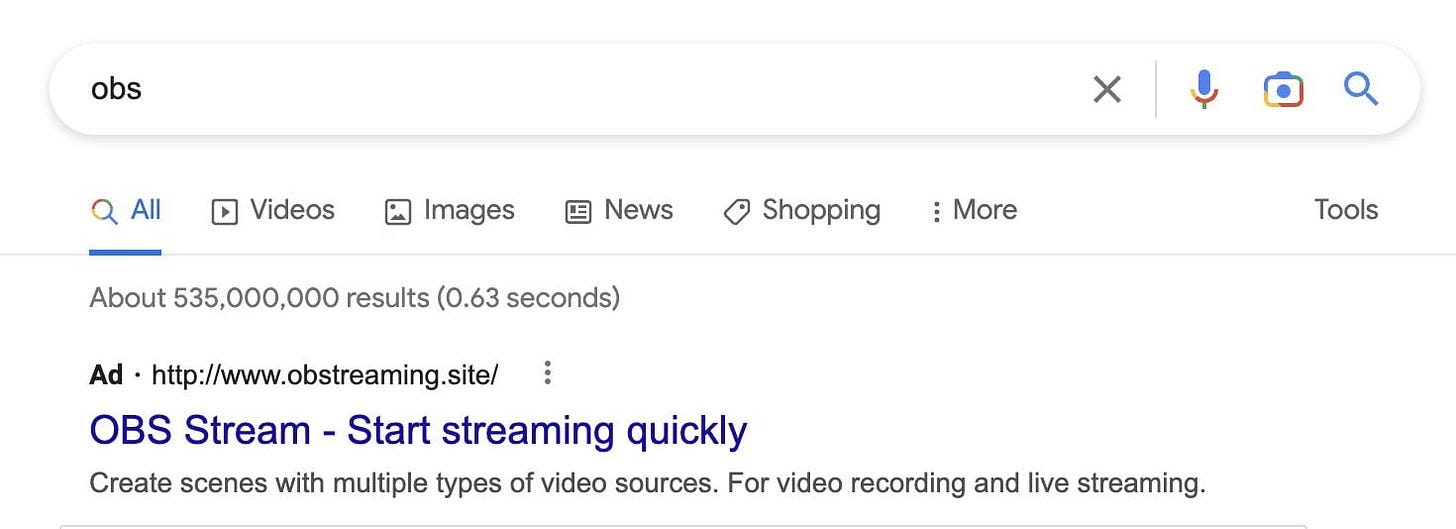 Google search ad for malicious OBS Studio download Google search ad for malicious OBS Studio download
