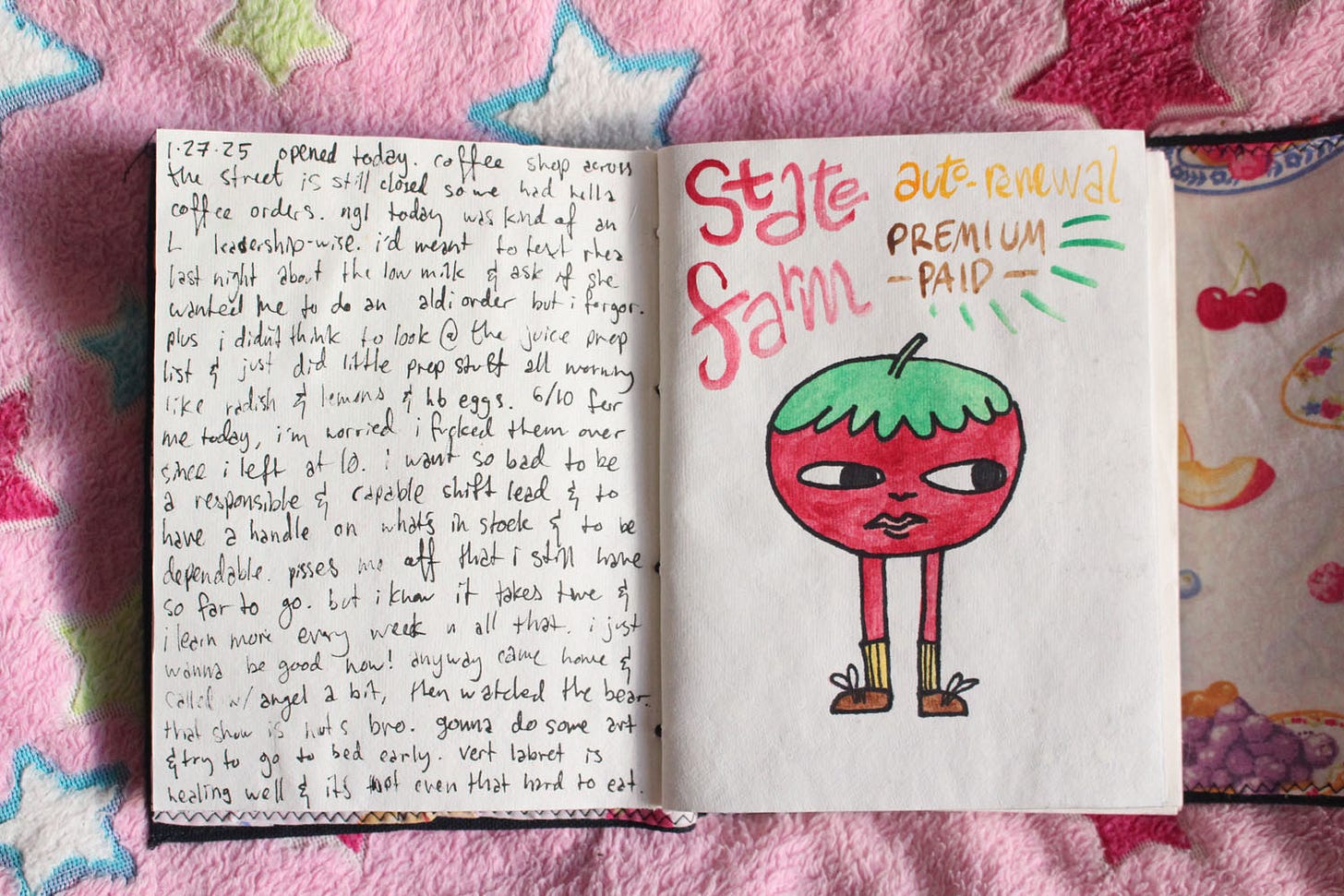 an art journal spread with a journal entry on one page and a tomato with legs and a face on the other