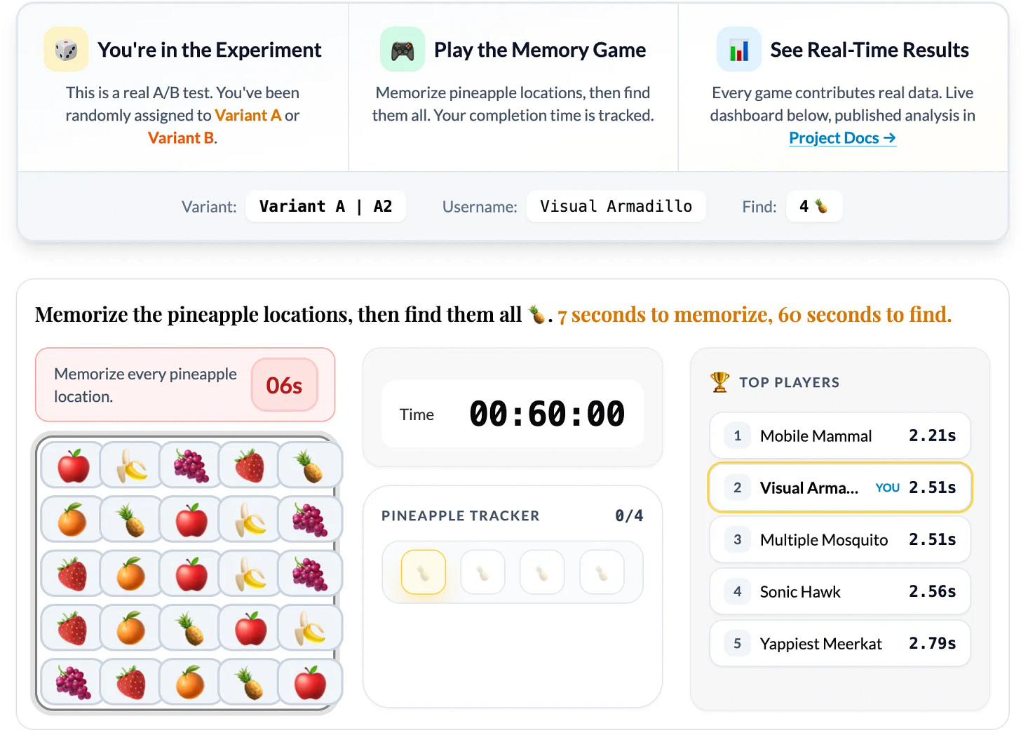 Screenshot of the A/B Testing Memory Game showing the 5x5 grid with fruit emojis and game controls